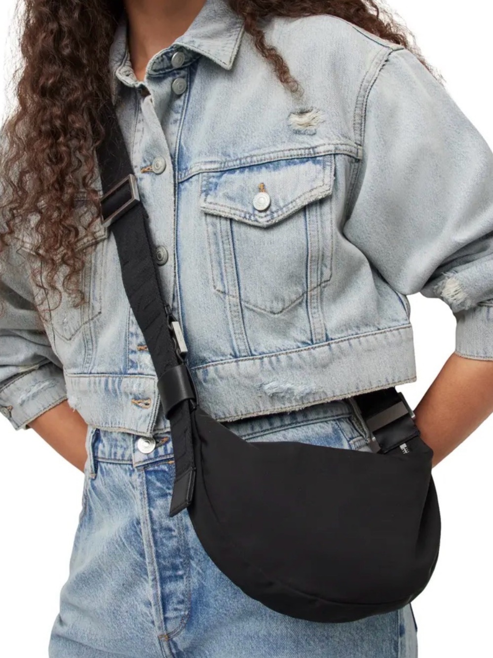 AllSaints Half Moon Nylon Crossbody Bag Black Slouchy Crescent